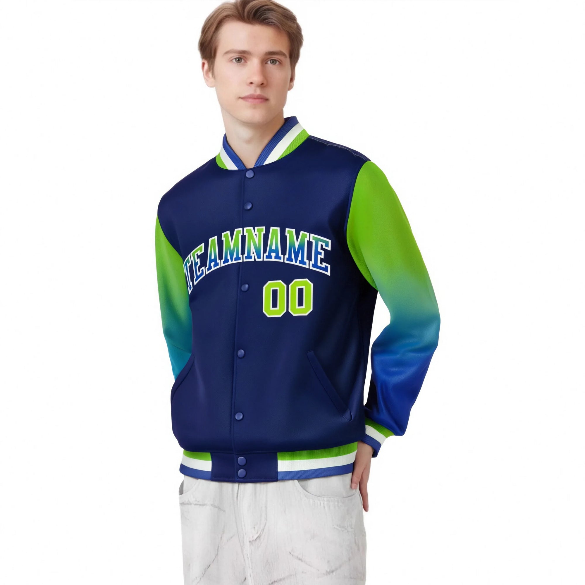 Custom Navy Neon Green-Royal Blue Varsity Full-Snap Sleeve Gradient Fashion Letterman Baseball Jacket