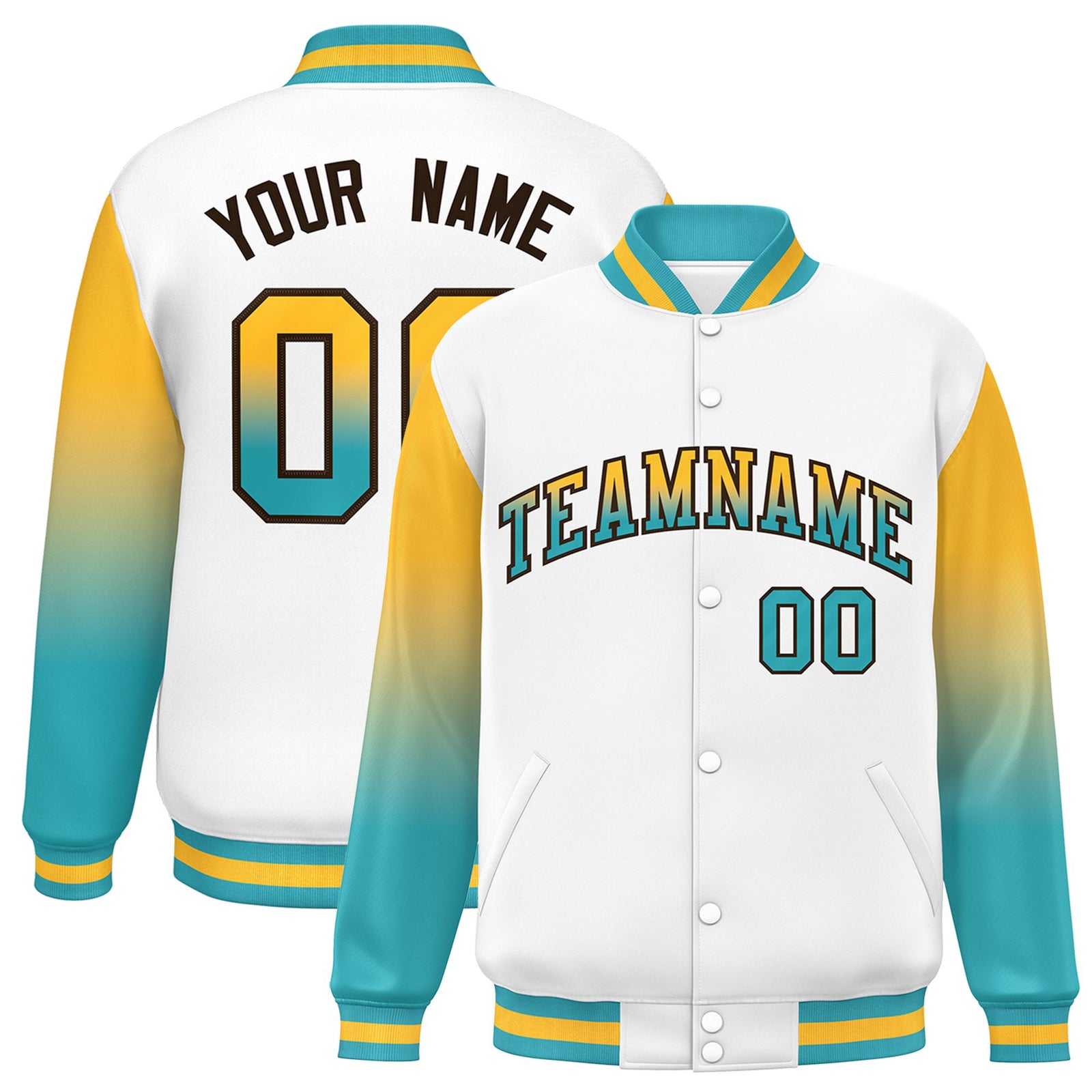 Custom White Yellow-Aqua Varsity Full-Snap Sleeve Gradient Fashion Letterman Baseball Jacket