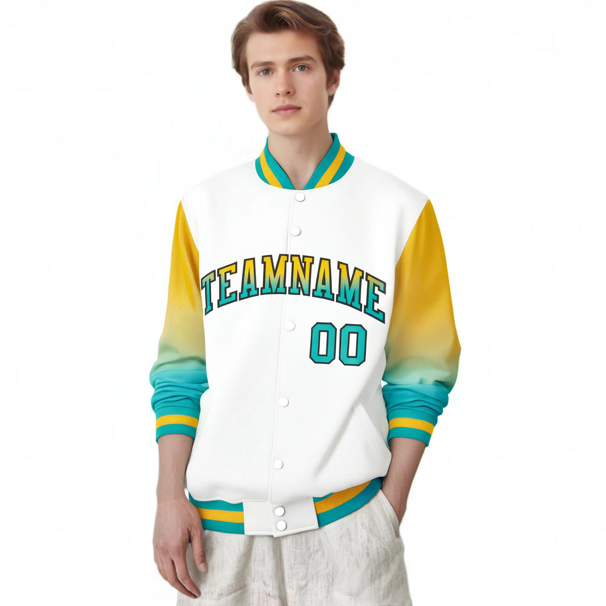 Custom White Yellow-Aqua Varsity Full-Snap Sleeve Gradient Fashion Letterman Baseball Jacket