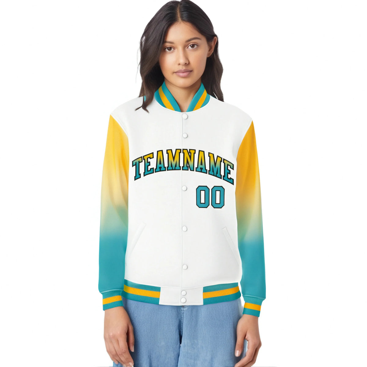 Custom White Yellow-Aqua Varsity Full-Snap Sleeve Gradient Fashion Letterman Baseball Jacket