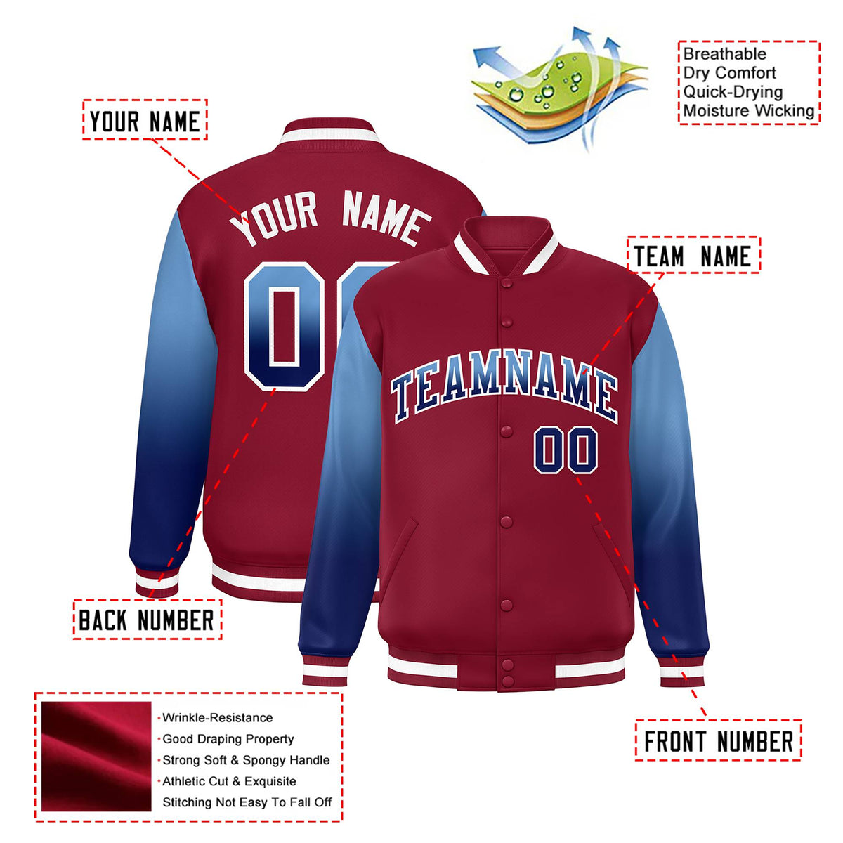 Custom Crimson Light Blue-Royal Blue Varsity Full-Snap Sleeve Gradient Fashion Letterman Baseball Jacket