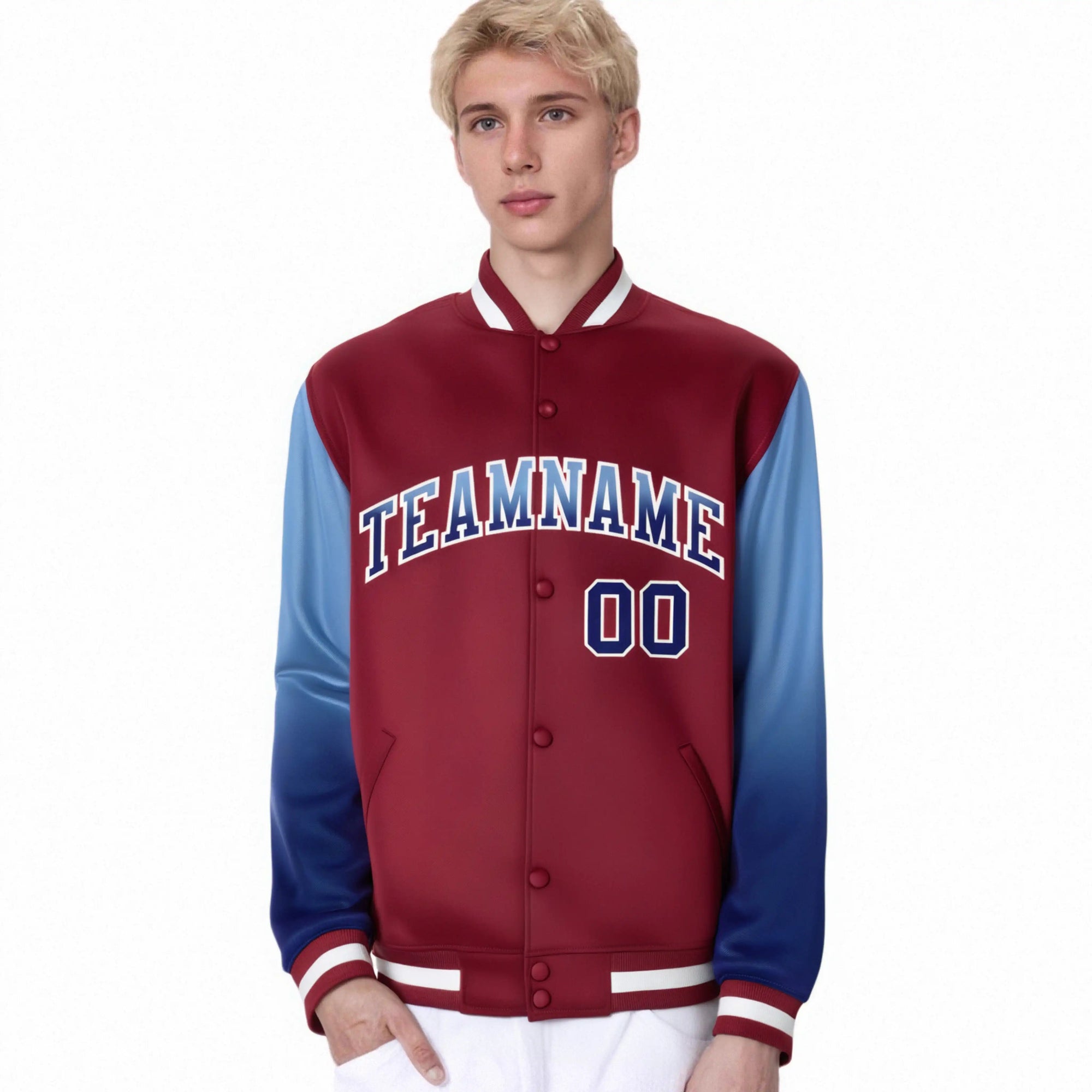 Custom Crimson Light Blue-Royal Blue Varsity Full-Snap Sleeve Gradient Fashion Letterman Baseball Jacket