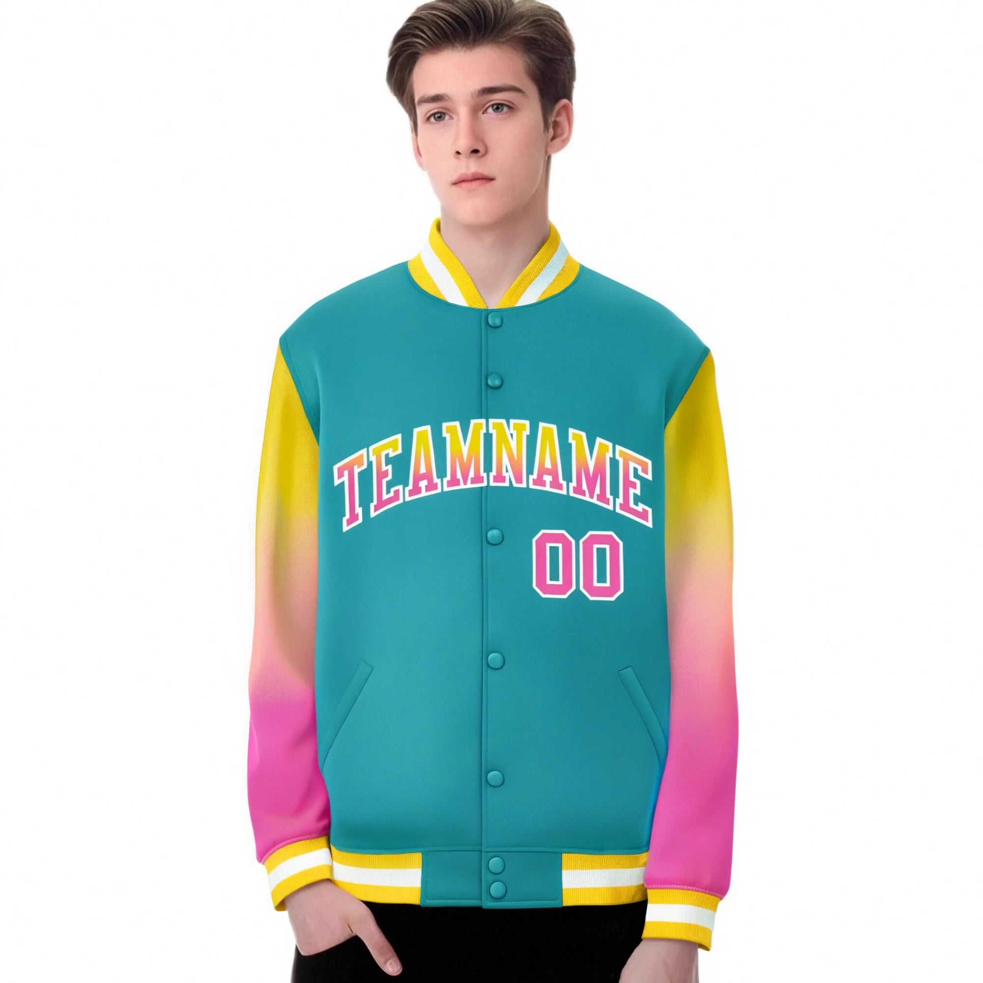 Custom Aqua Yellow-Pink Varsity Full-Snap Sleeve Gradient Fashion Letterman Baseball Jacket