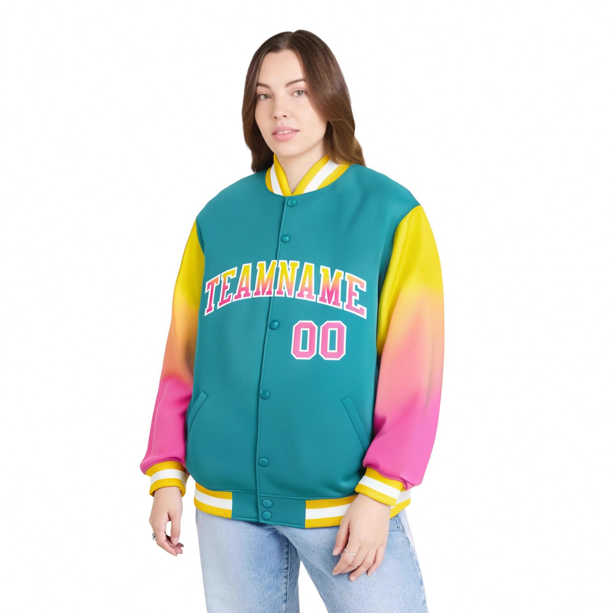 Custom Aqua Yellow-Pink Varsity Full-Snap Sleeve Gradient Fashion Letterman Baseball Jacket