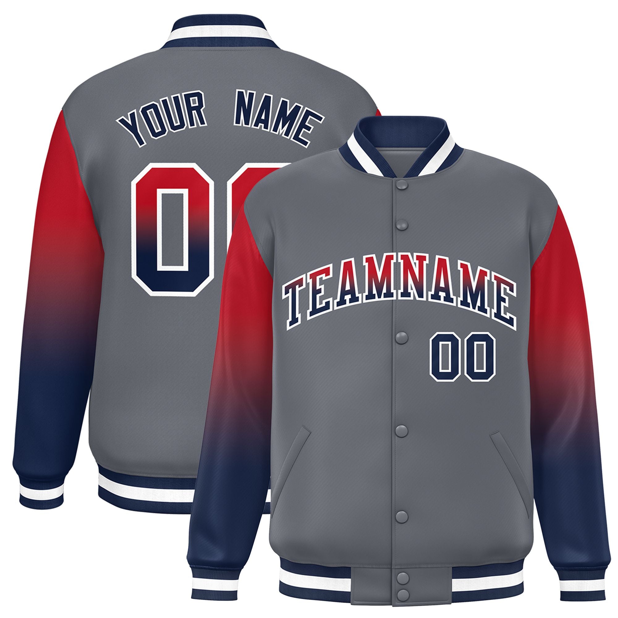 Custom Dark Gray Red-Navy Varsity Full-Snap Sleeve Gradient Fashion Letterman Baseball Jacket