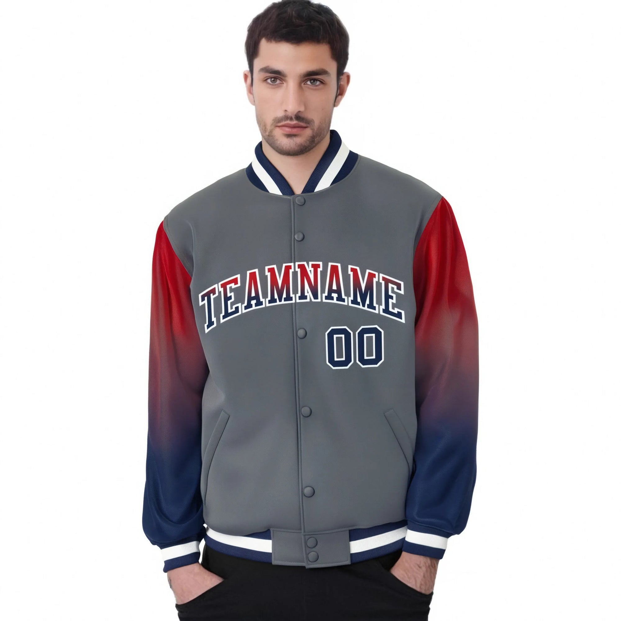 Custom Dark Gray Red-Navy Varsity Full-Snap Sleeve Gradient Fashion Letterman Baseball Jacket