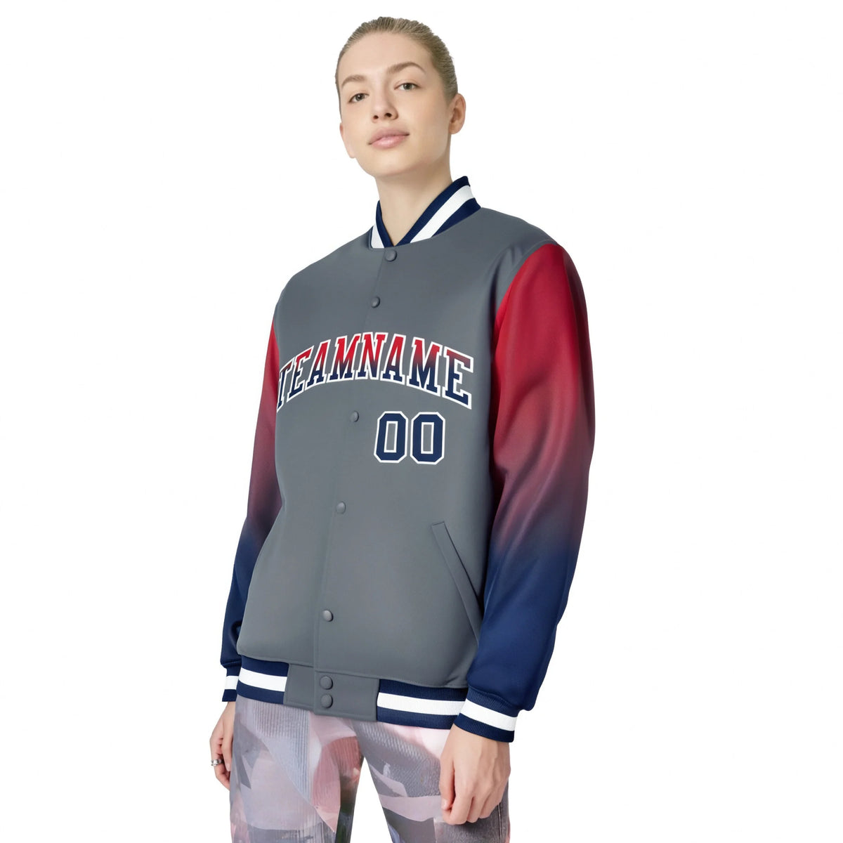 Custom Dark Gray Red-Navy Varsity Full-Snap Sleeve Gradient Fashion Letterman Baseball Jacket