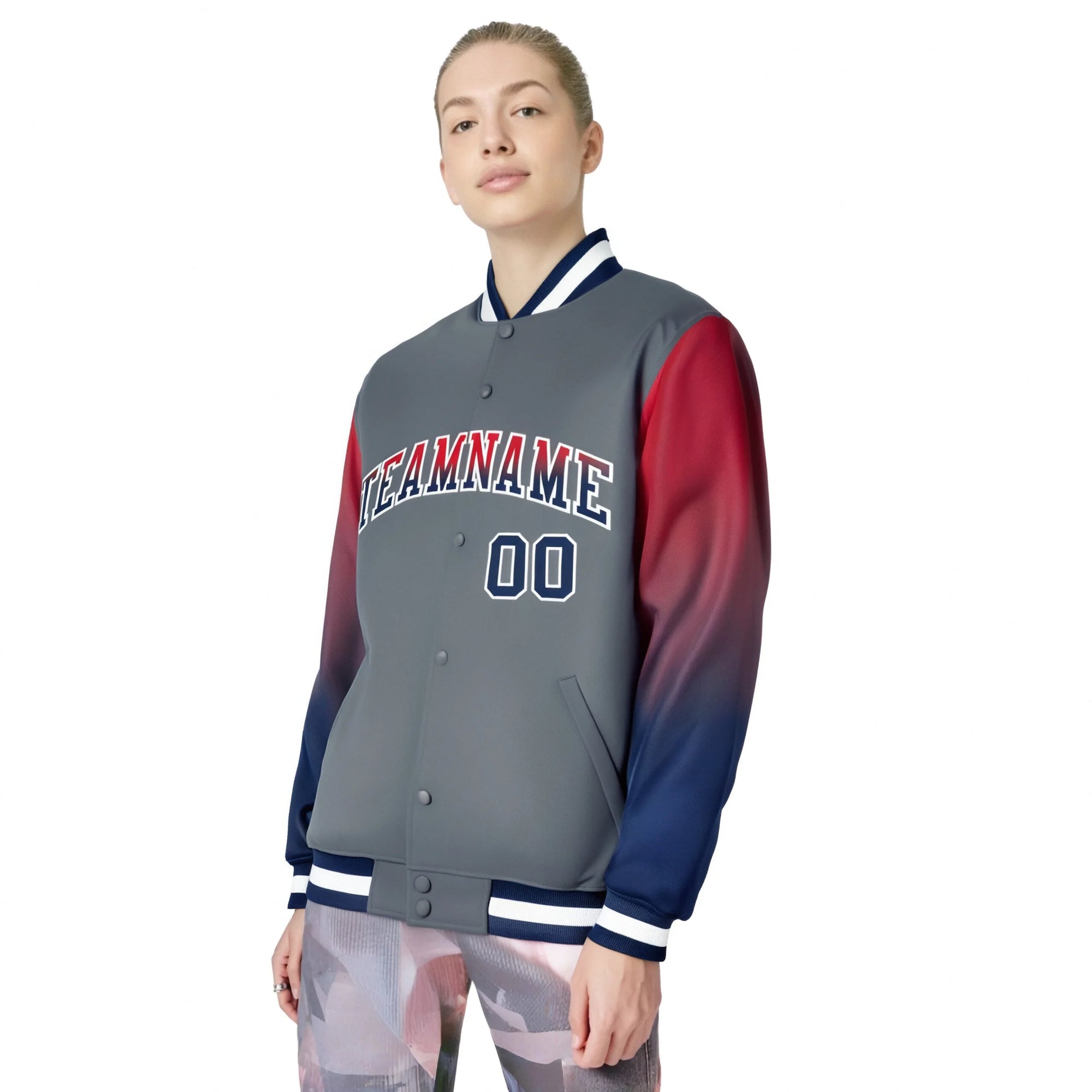 Custom Dark Gray Red-Navy Varsity Full-Snap Sleeve Gradient Fashion Letterman Baseball Jacket