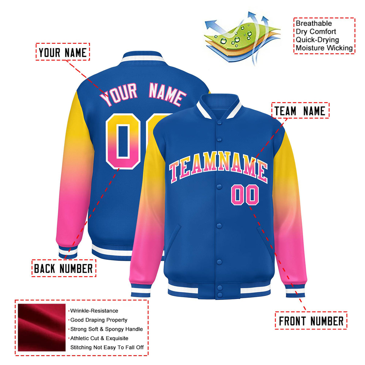 Custom Royal Blue Yellow-Pink Varsity Full-Snap Sleeve Gradient Fashion Letterman Baseball Jacket