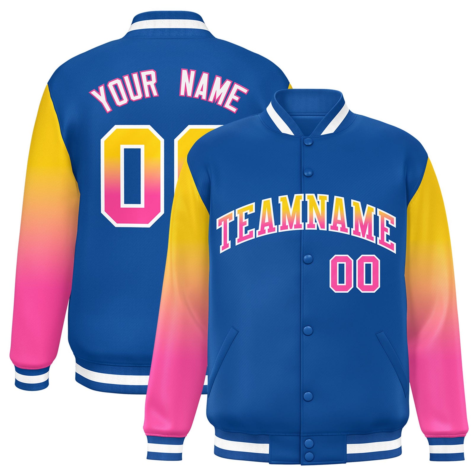 Custom Royal Blue Yellow-Pink Varsity Full-Snap Sleeve Gradient Fashion Letterman Baseball Jacket