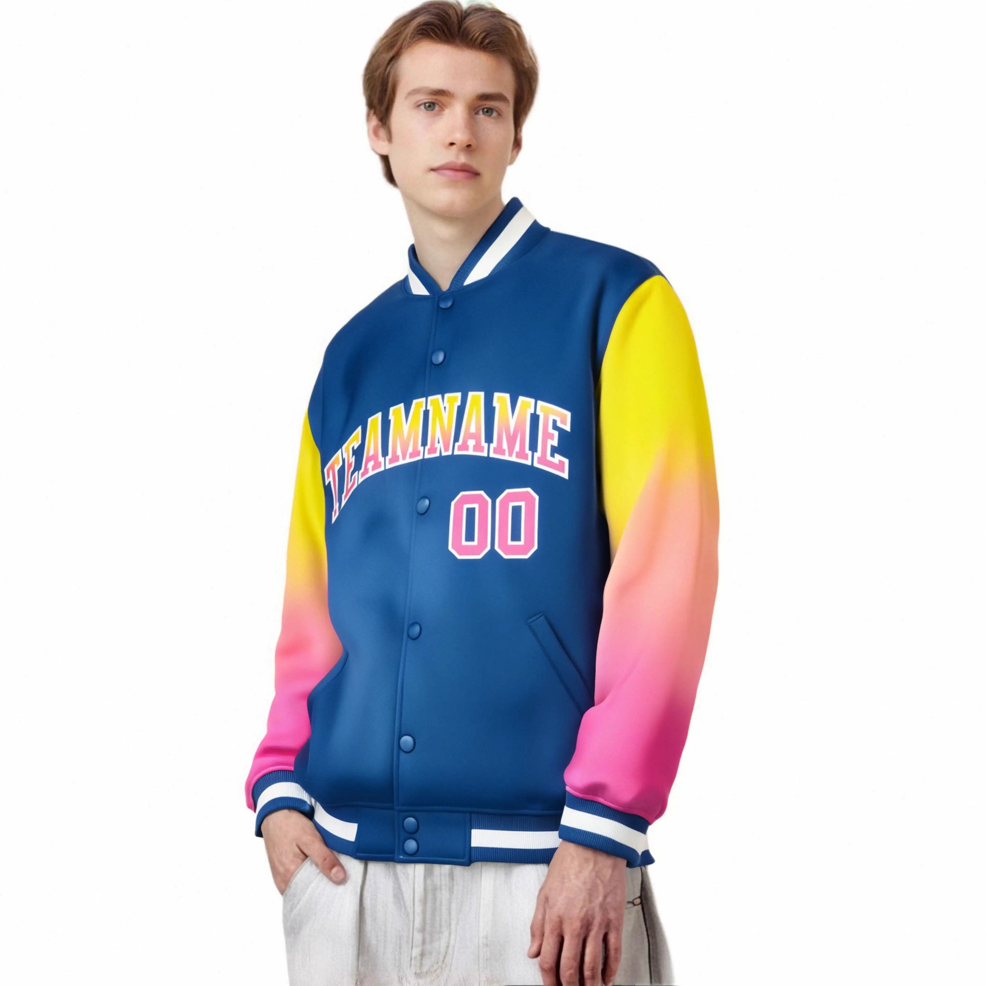 Custom Royal Blue Yellow-Pink Varsity Full-Snap Sleeve Gradient Fashion Letterman Baseball Jacket