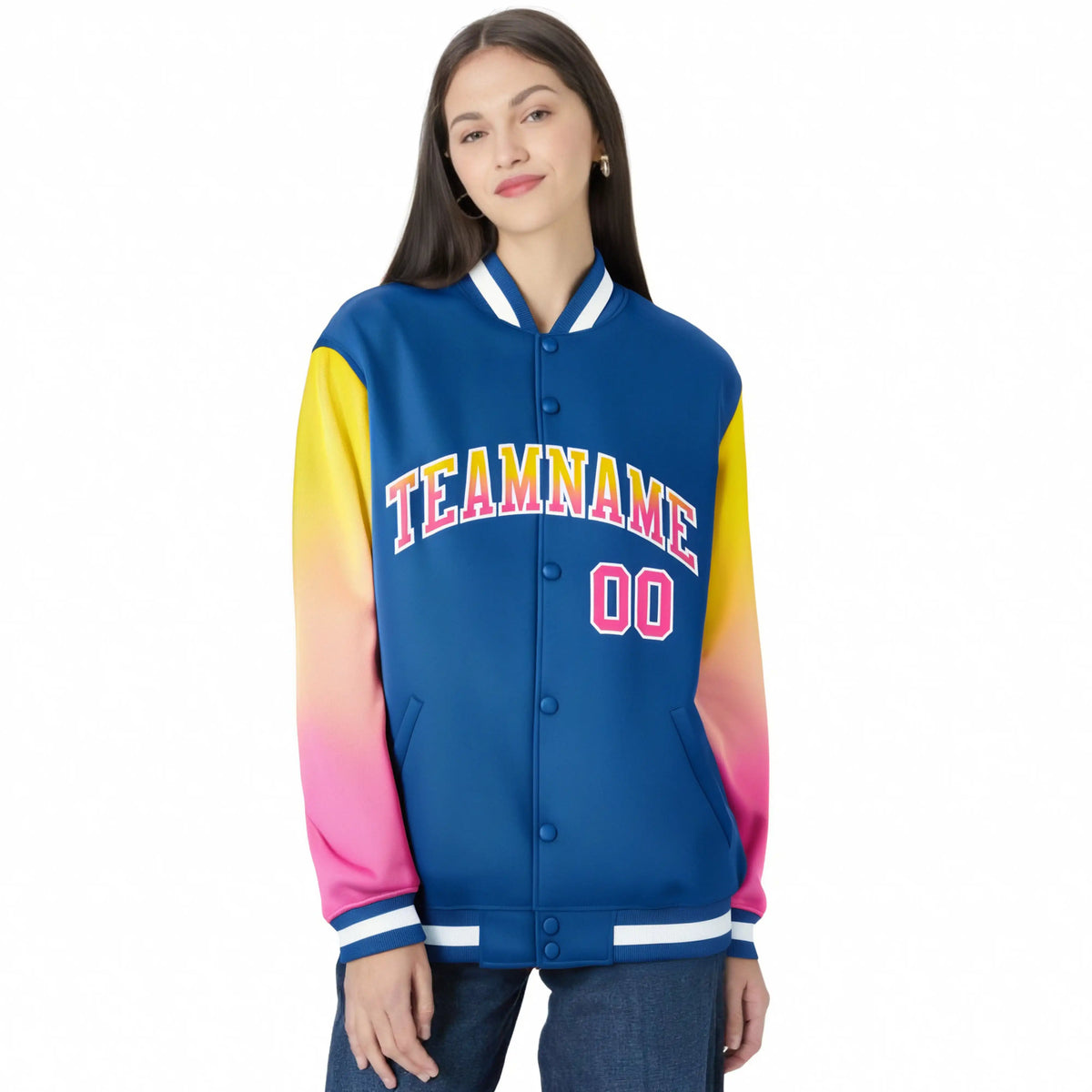 Custom Royal Blue Yellow-Pink Varsity Full-Snap Sleeve Gradient Fashion Letterman Baseball Jacket