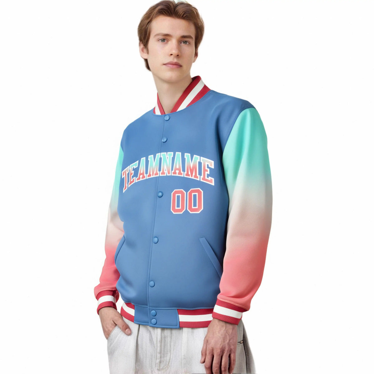 Custom Light Blue Bright Green-Light Red Varsity Full-Snap Sleeve Gradient Fashion Letterman Baseball Jacket