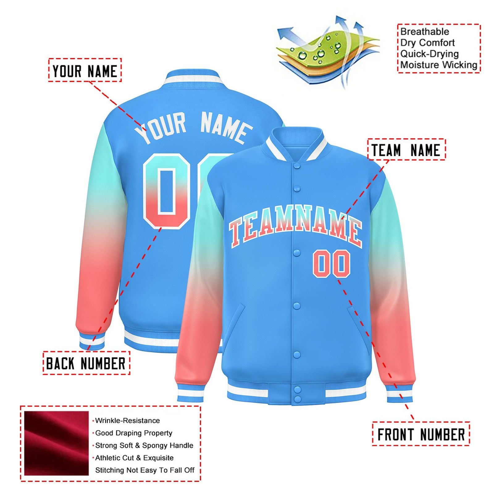 Custom Powder Blue Bright Green-Light Red Varsity Full-Snap Sleeve Gradient Fashion Letterman Baseball Jacket