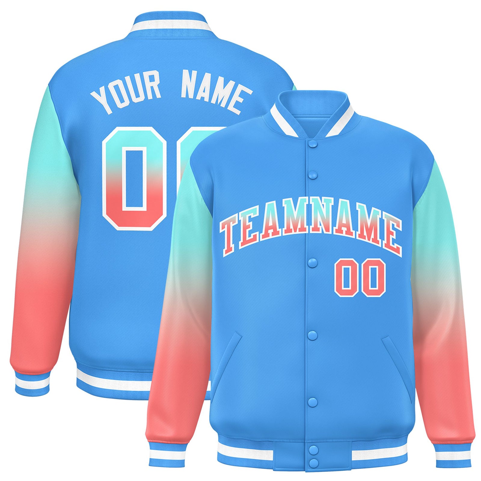 Custom Powder Blue Bright Green-Light Red Varsity Full-Snap Sleeve Gradient Fashion Letterman Baseball Jacket