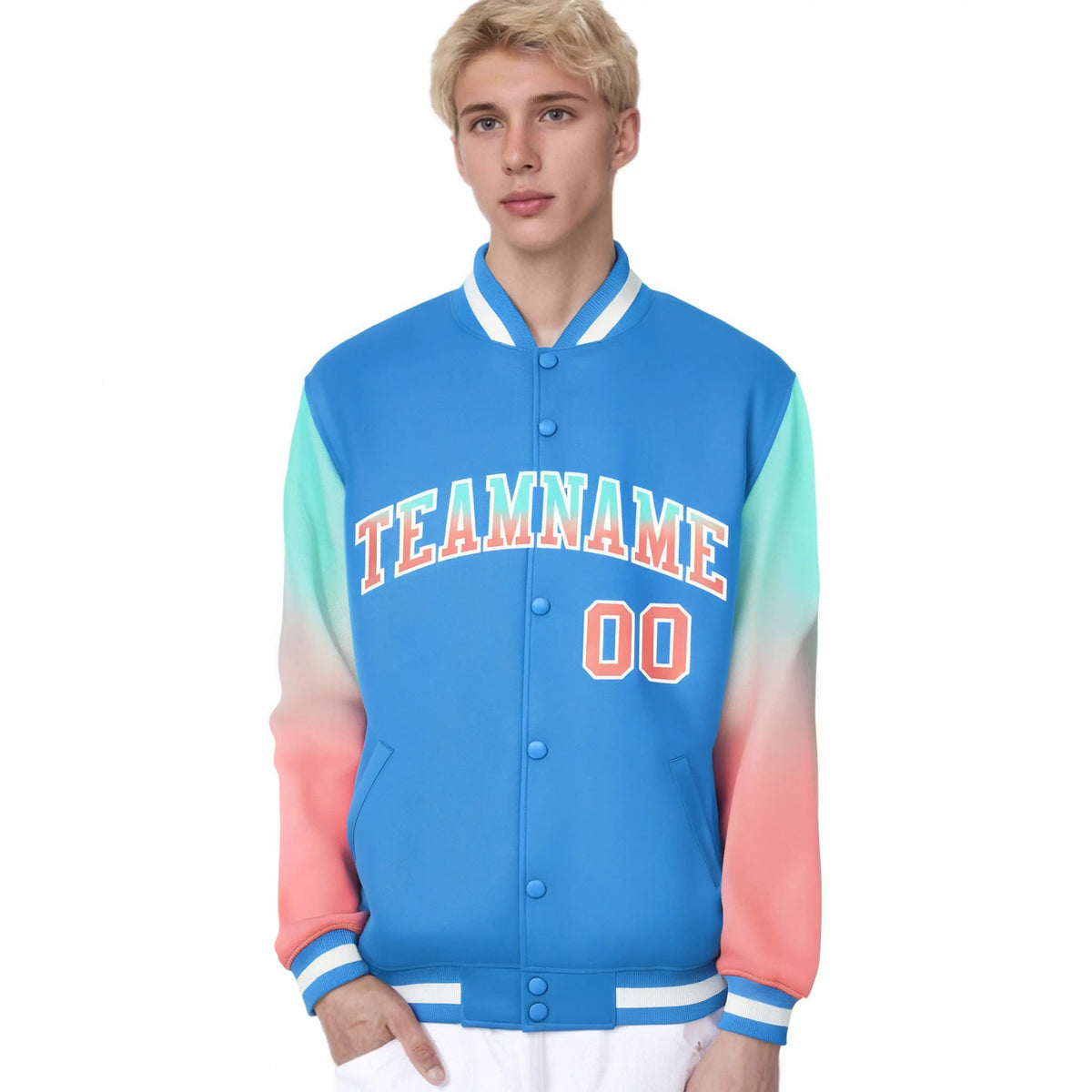Custom Powder Blue Bright Green-Light Red Varsity Full-Snap Sleeve Gradient Fashion Letterman Baseball Jacket