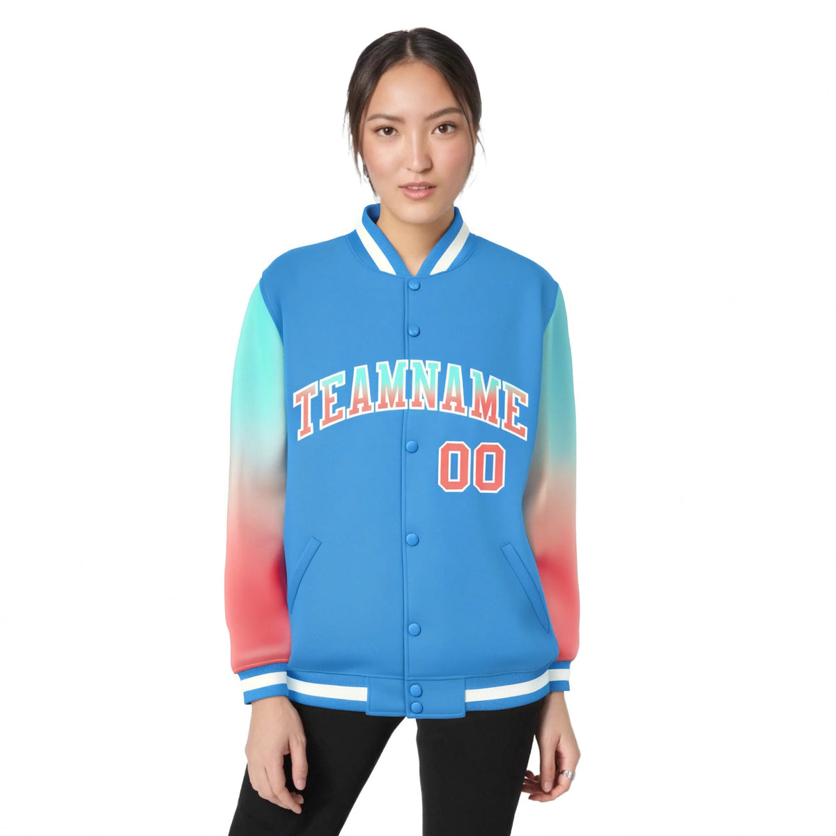 Custom Powder Blue Bright Green-Light Red Varsity Full-Snap Sleeve Gradient Fashion Letterman Baseball Jacket