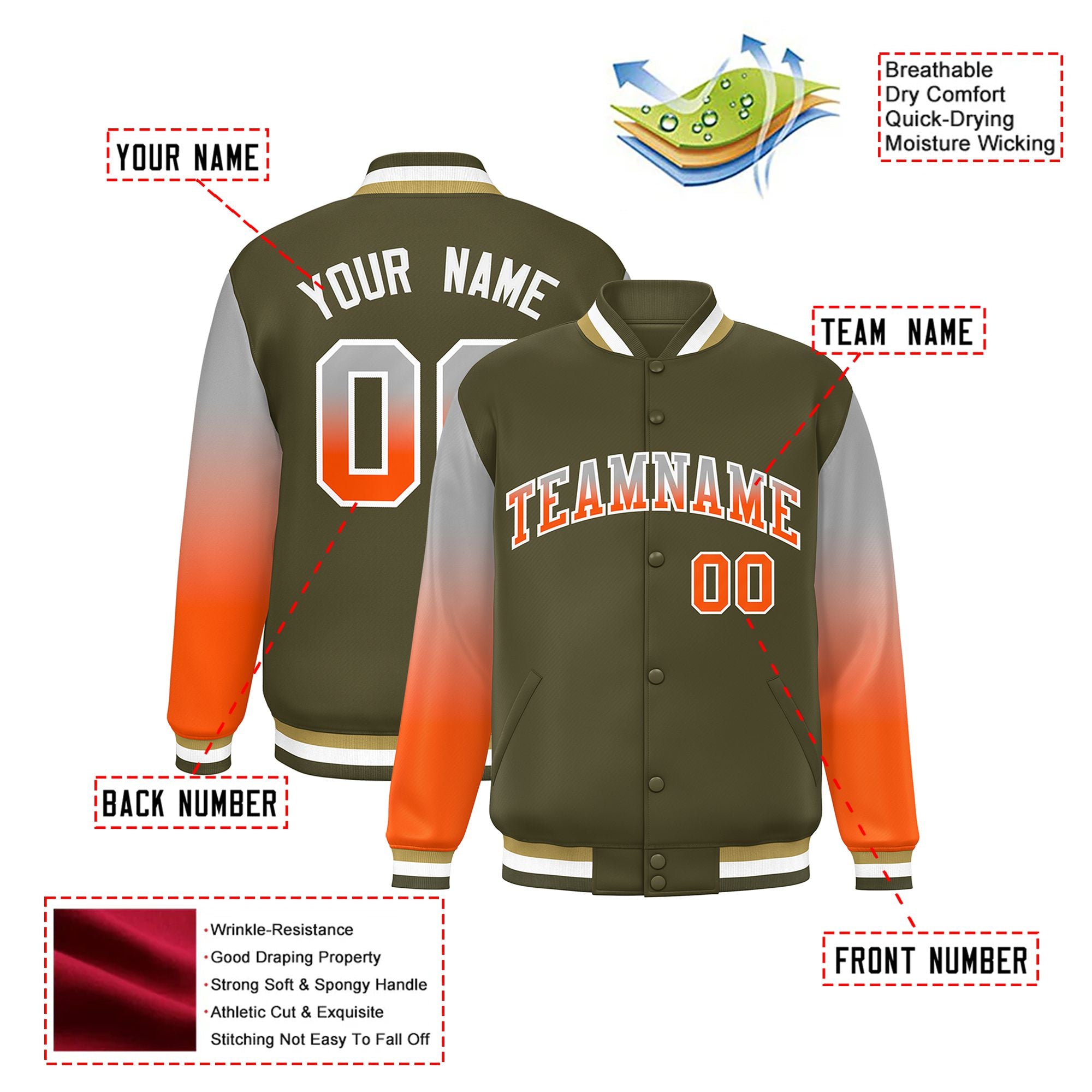 Custom Olive Gray-Orange Varsity Full-Snap Sleeve Gradient Fashion Letterman Baseball Jacket