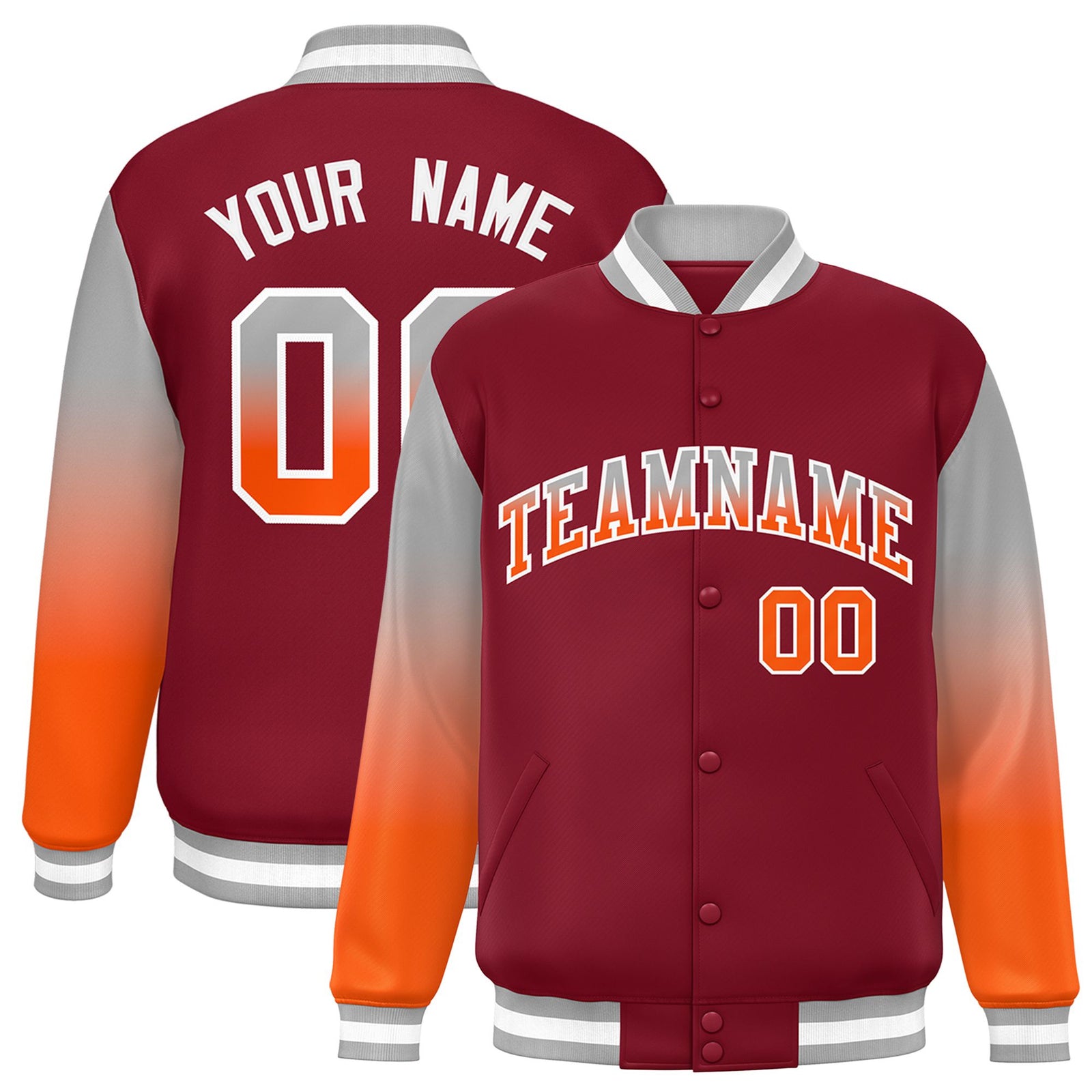 Custom Crimson Gray-Orange Varsity Full-Snap Sleeve Gradient Fashion Letterman Baseball Jacket