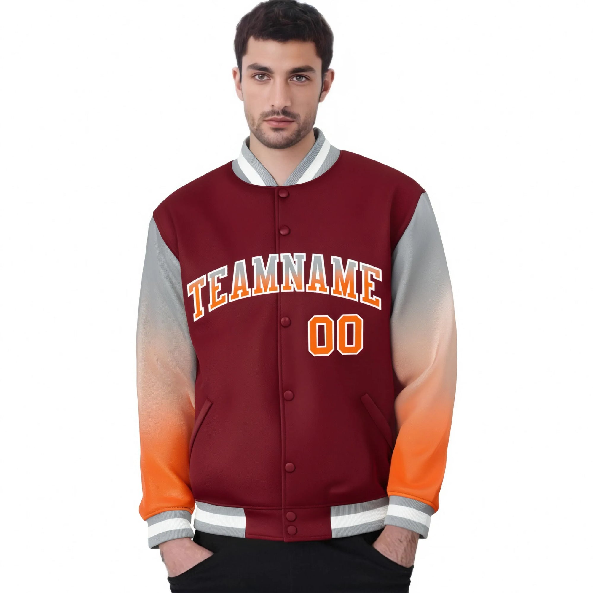 Custom Crimson Gray-Orange Varsity Full-Snap Sleeve Gradient Fashion Letterman Baseball Jacket