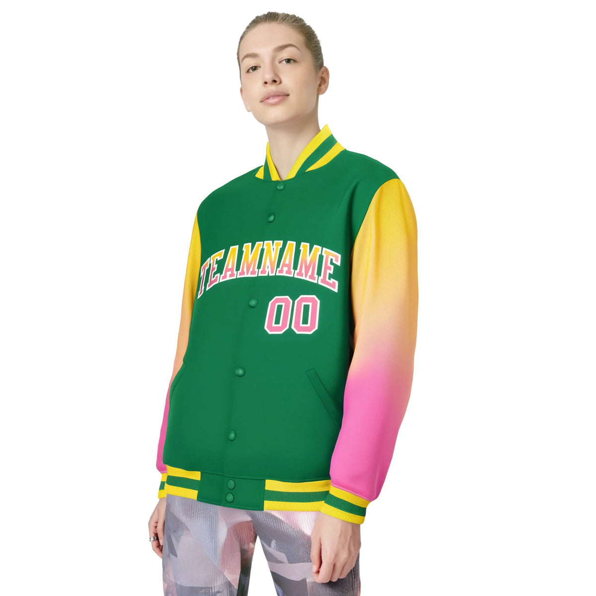 Custom Kelly Green Yellow-Pink Varsity Full-Snap Sleeve Gradient Fashion Letterman Baseball Jacket