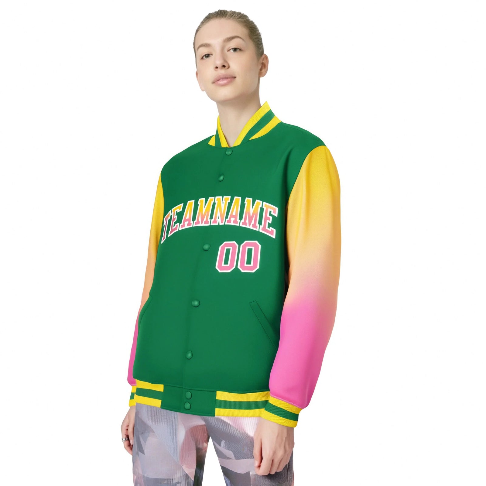 Custom Kelly Green Yellow-Pink Varsity Full-Snap Sleeve Gradient Fashion Letterman Baseball Jacket