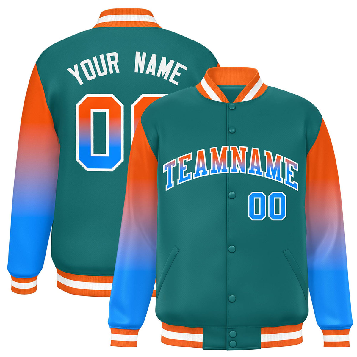 Custom Aqua Orange-Powder Blue Varsity Full-Snap Sleeve Gradient Fashion Letterman Baseball Jacket