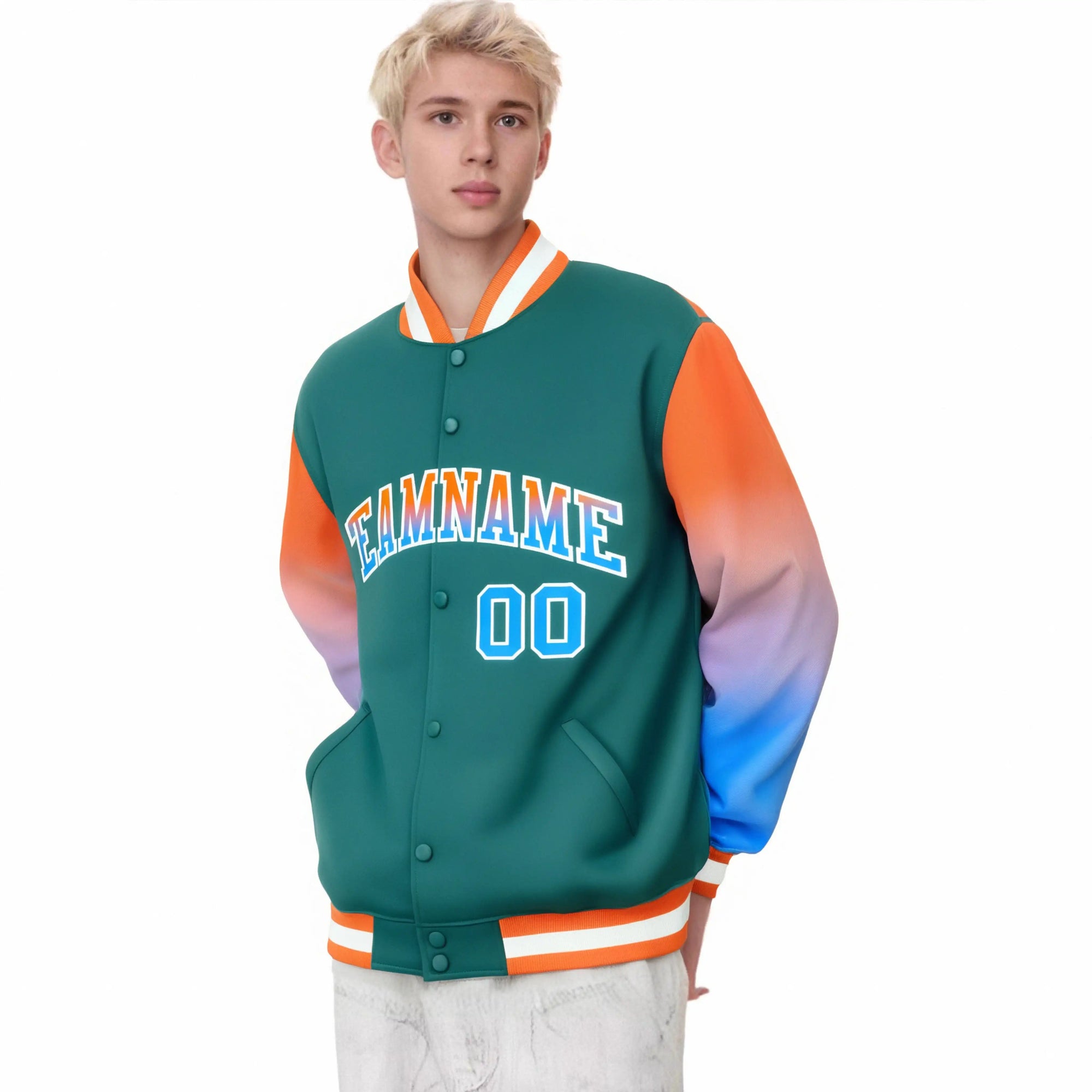 Custom Aqua Orange-Powder Blue Varsity Full-Snap Sleeve Gradient Fashion Letterman Baseball Jacket