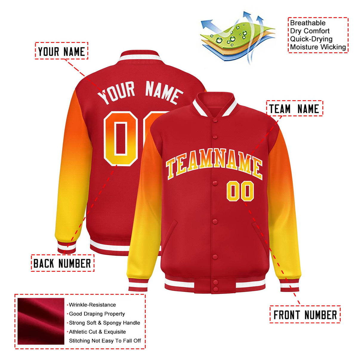Custom Red Orange-Gold Varsity Full-Snap Sleeve Gradient Fashion Letterman Baseball Jacket