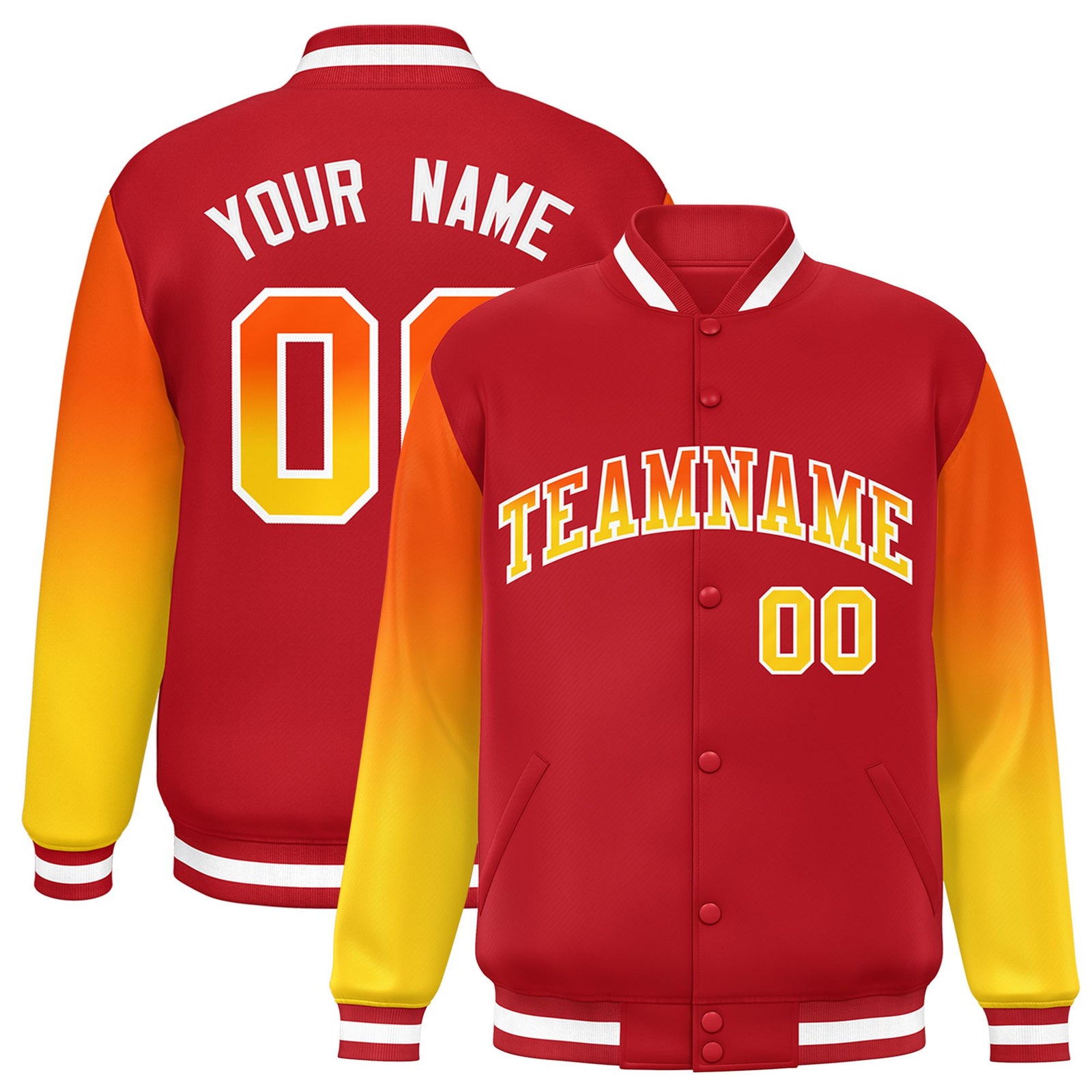 Custom Red Orange-Gold Varsity Full-Snap Sleeve Gradient Fashion Letterman Baseball Jacket