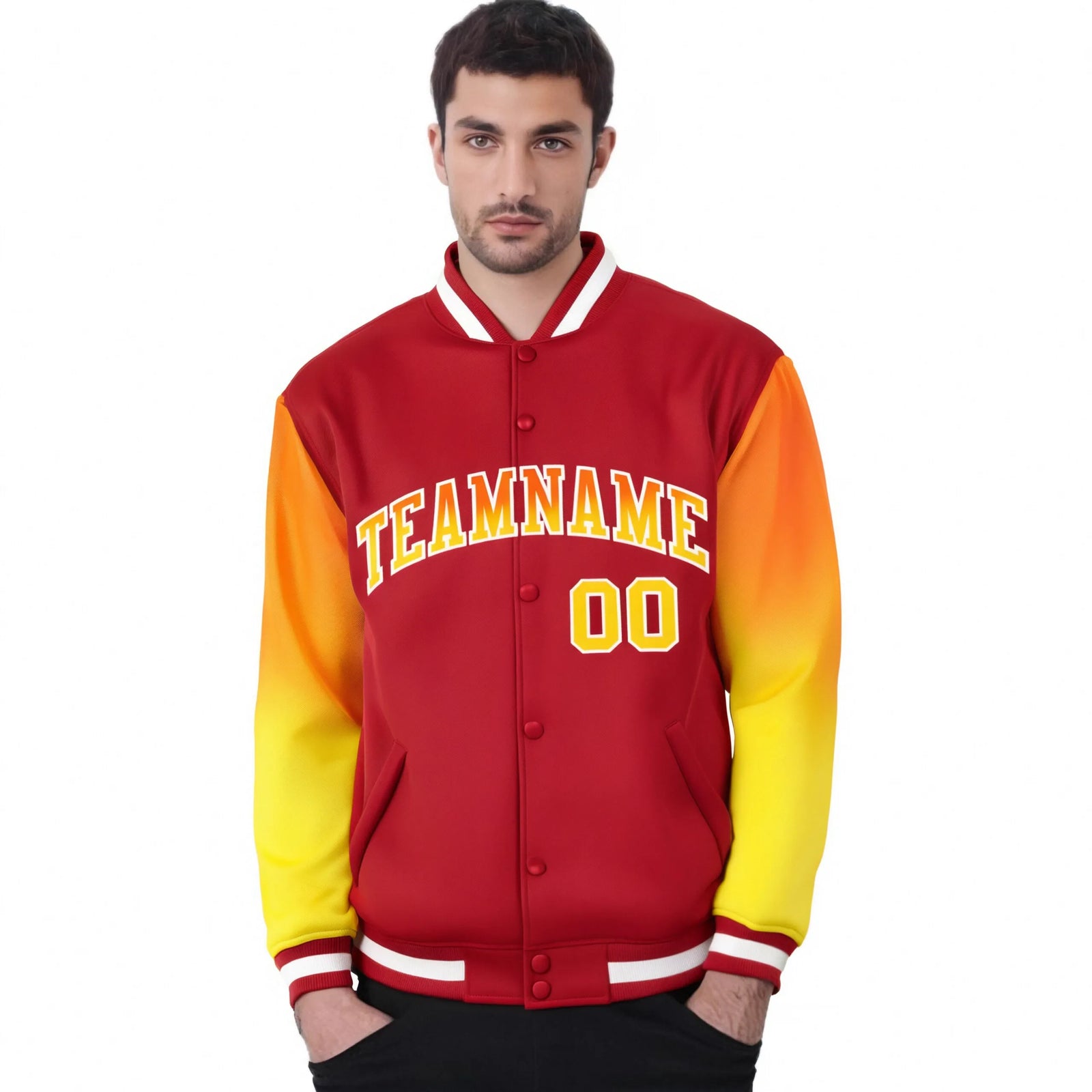 Custom Red Orange-Gold Varsity Full-Snap Sleeve Gradient Fashion Letterman Baseball Jacket