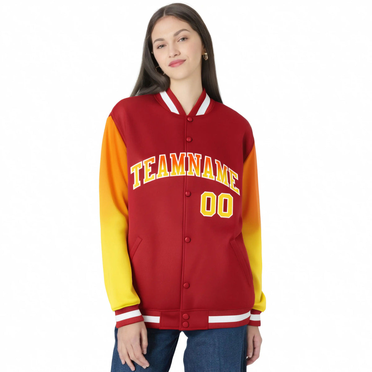 Custom Red Orange-Gold Varsity Full-Snap Sleeve Gradient Fashion Letterman Baseball Jacket