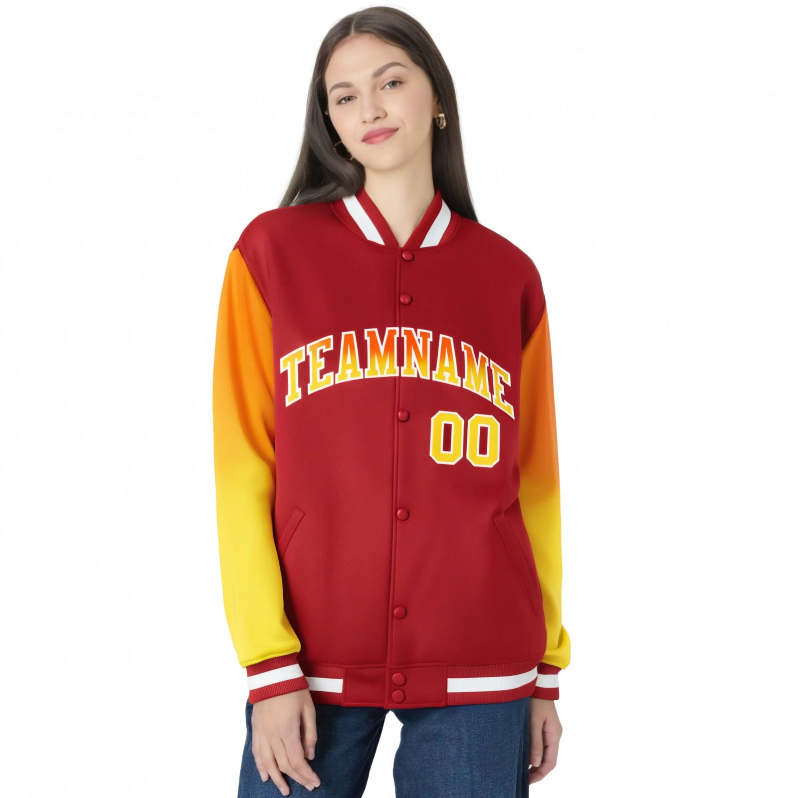 Custom Red Orange-Gold Varsity Full-Snap Sleeve Gradient Fashion Letterman Baseball Jacket