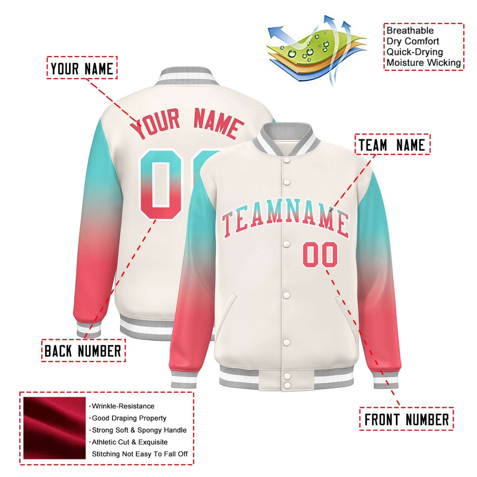 Custom Cream Aqua-Light Red Varsity Full-Snap Sleeve Gradient Fashion Letterman Baseball Jacket