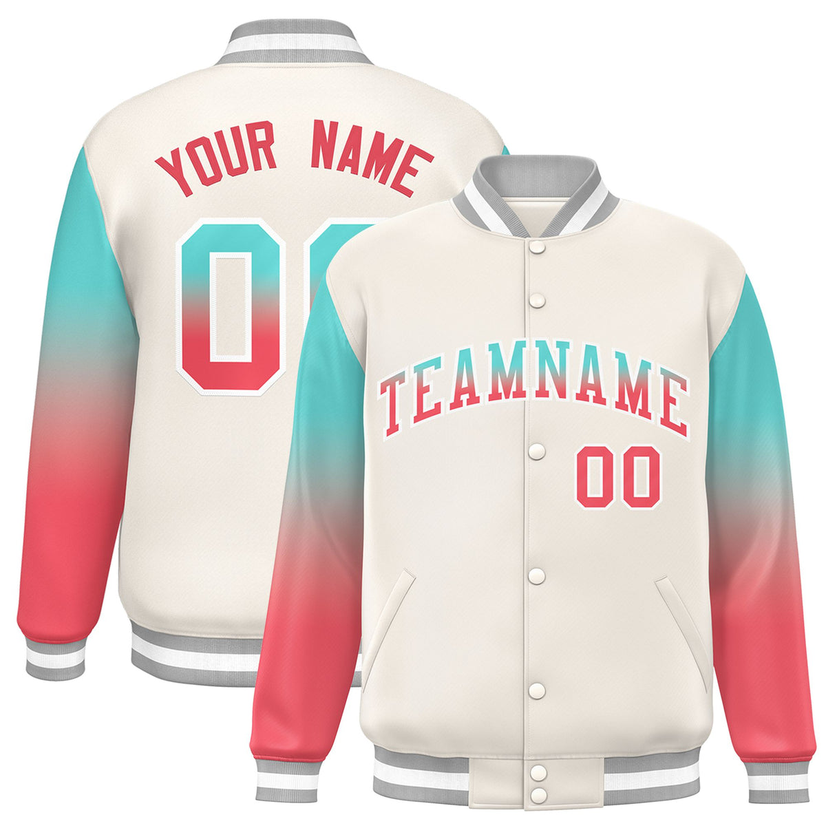 Custom Cream Aqua-Light Red Varsity Full-Snap Sleeve Gradient Fashion Letterman Baseball Jacket