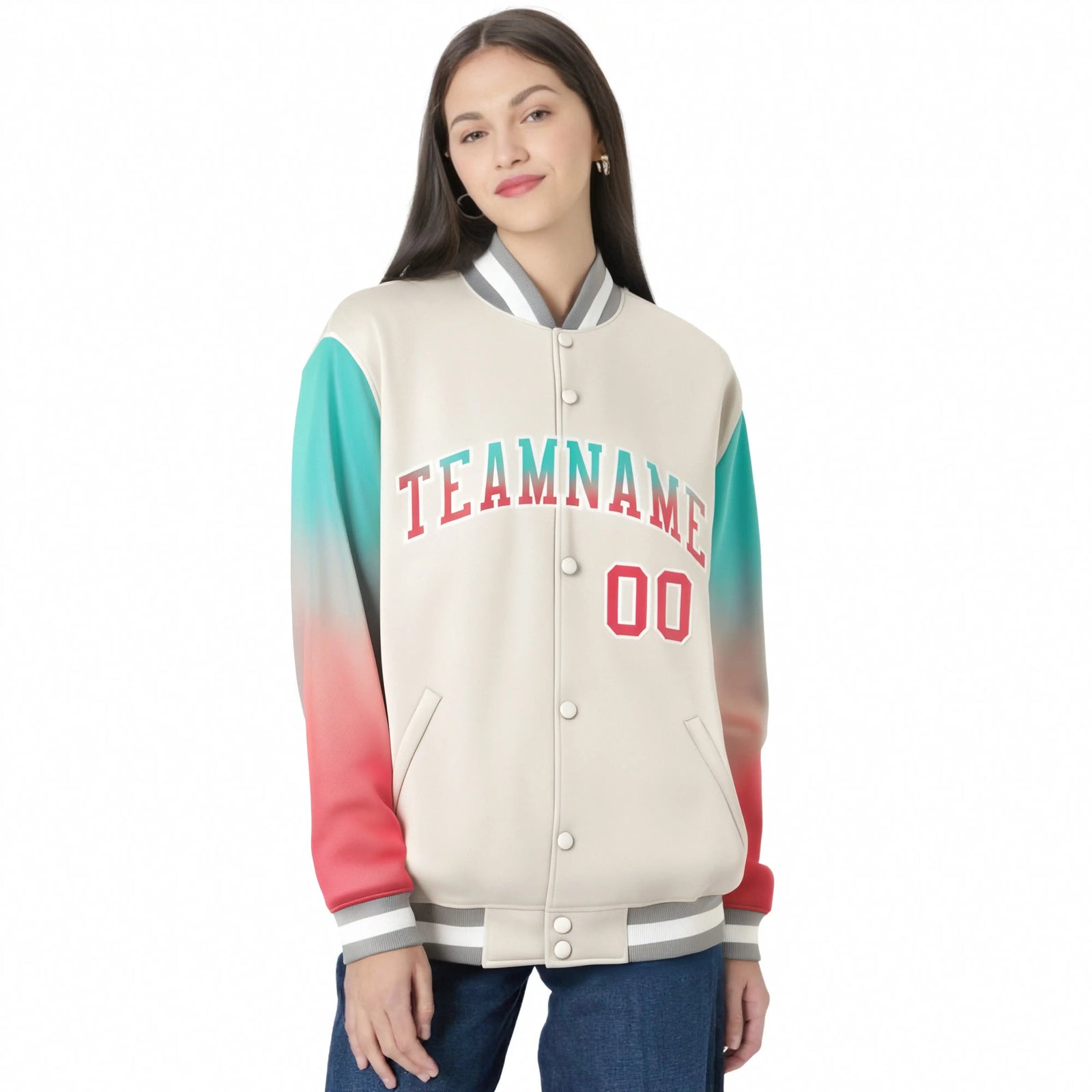 Custom Cream Aqua-Light Red Varsity Full-Snap Sleeve Gradient Fashion Letterman Baseball Jacket
