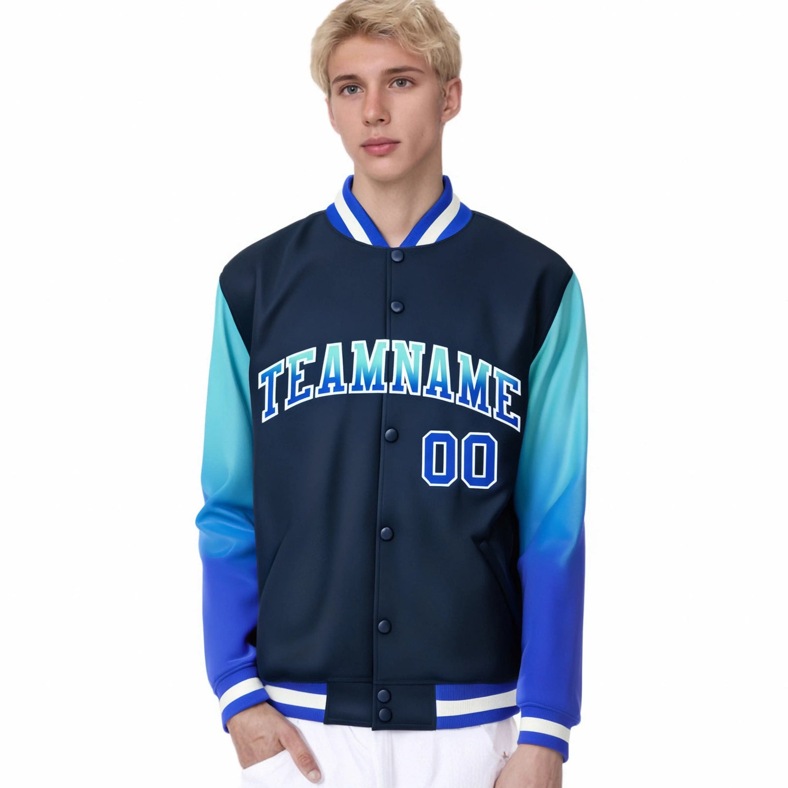 Custom Navy Aqua-Royal Blue Varsity Full-Snap Sleeve Gradient Fashion Letterman Baseball Jacket