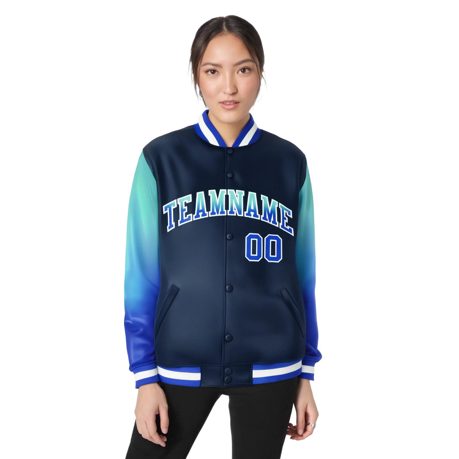 Custom Navy Aqua-Royal Blue Varsity Full-Snap Sleeve Gradient Fashion Letterman Baseball Jacket