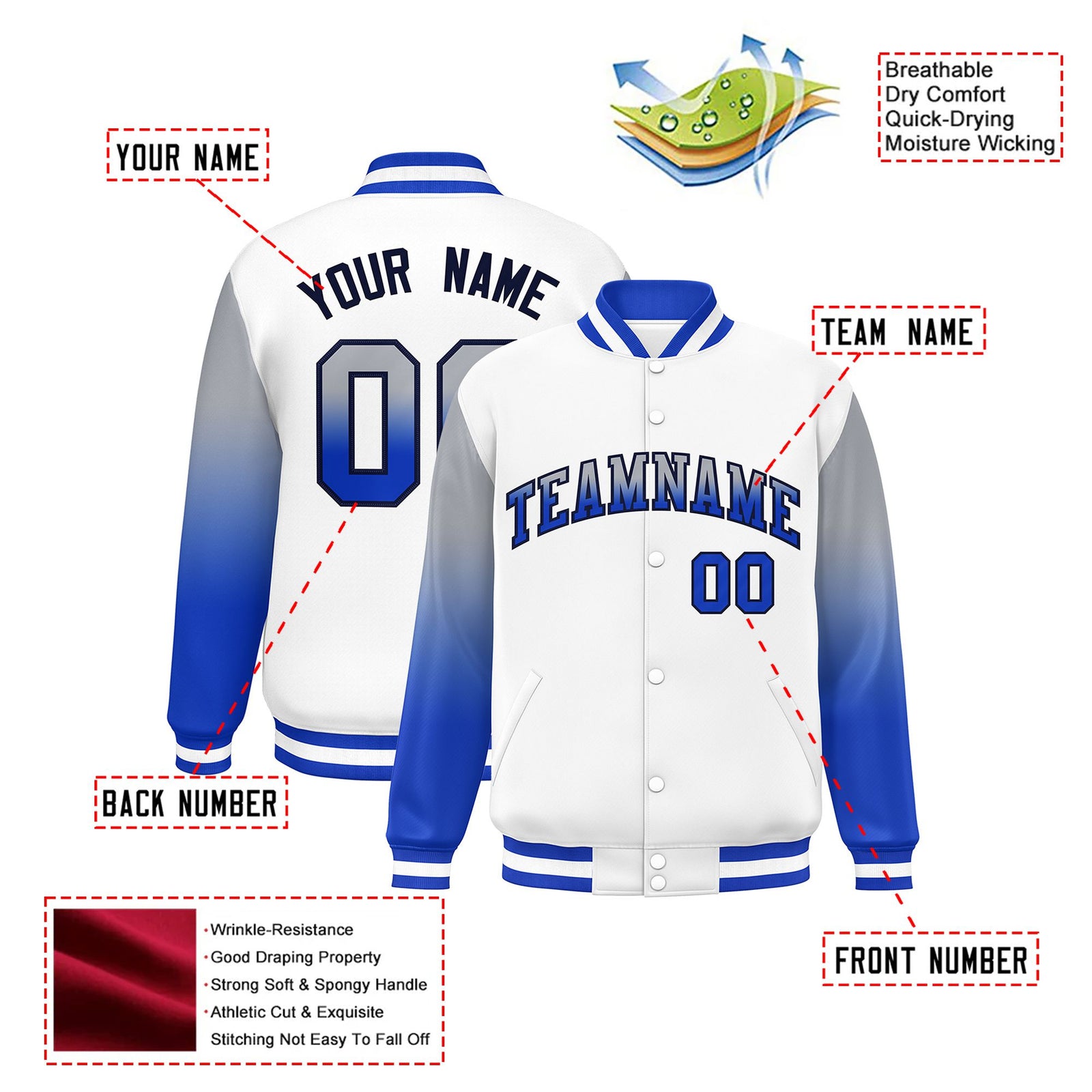 Custom White Gray-Royal Blue Varsity Full-Snap Sleeve Gradient Fashion Letterman Baseball Jacket