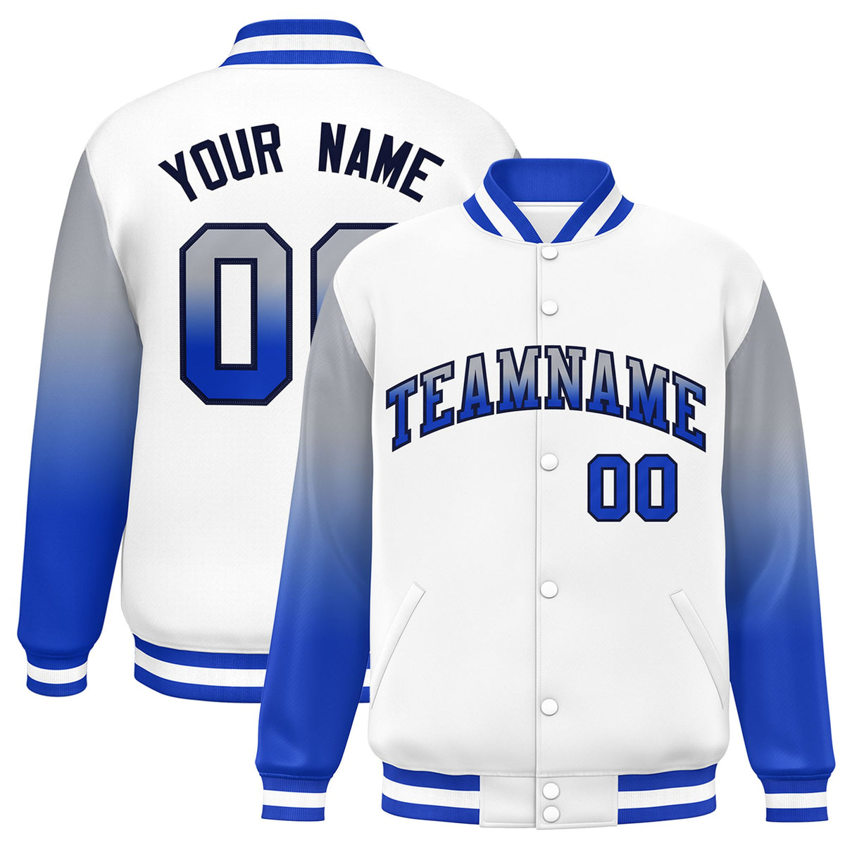 Custom White Gray-Royal Blue Varsity Full-Snap Sleeve Gradient Fashion Letterman Baseball Jacket