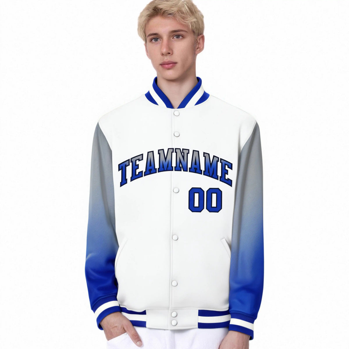 Custom White Gray-Royal Blue Varsity Full-Snap Sleeve Gradient Fashion Letterman Baseball Jacket