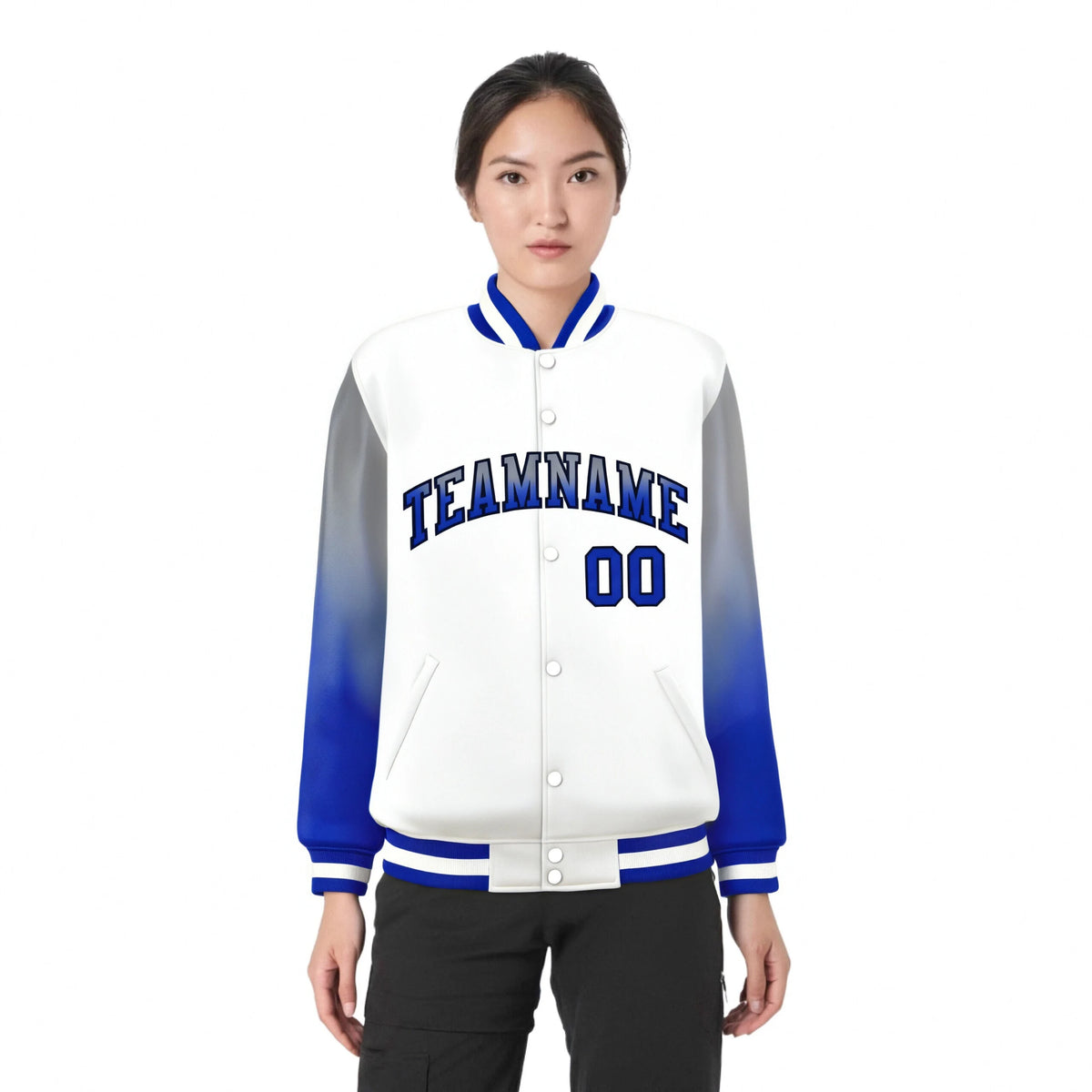 Custom White Gray-Royal Blue Varsity Full-Snap Sleeve Gradient Fashion Letterman Baseball Jacket