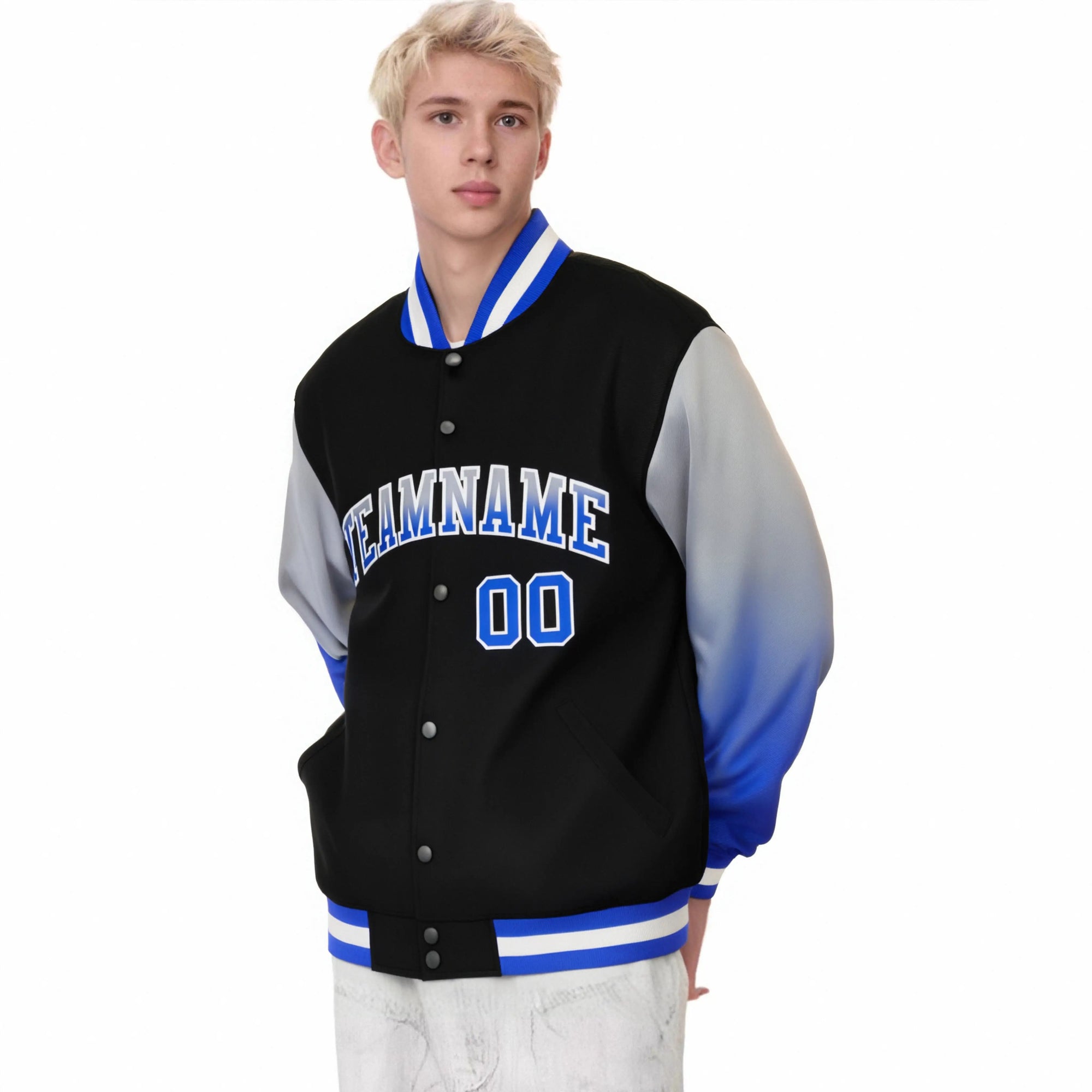 Custom Black Gray-Royal Blue Varsity Full-Snap Sleeve Gradient Fashion Letterman Baseball Jacket