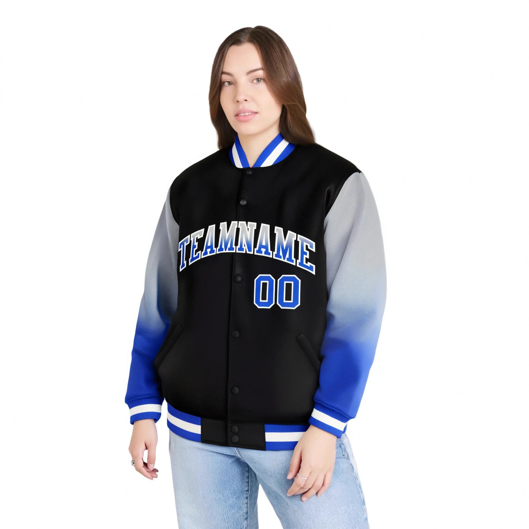 Custom Black Gray-Royal Blue Varsity Full-Snap Sleeve Gradient Fashion Letterman Baseball Jacket