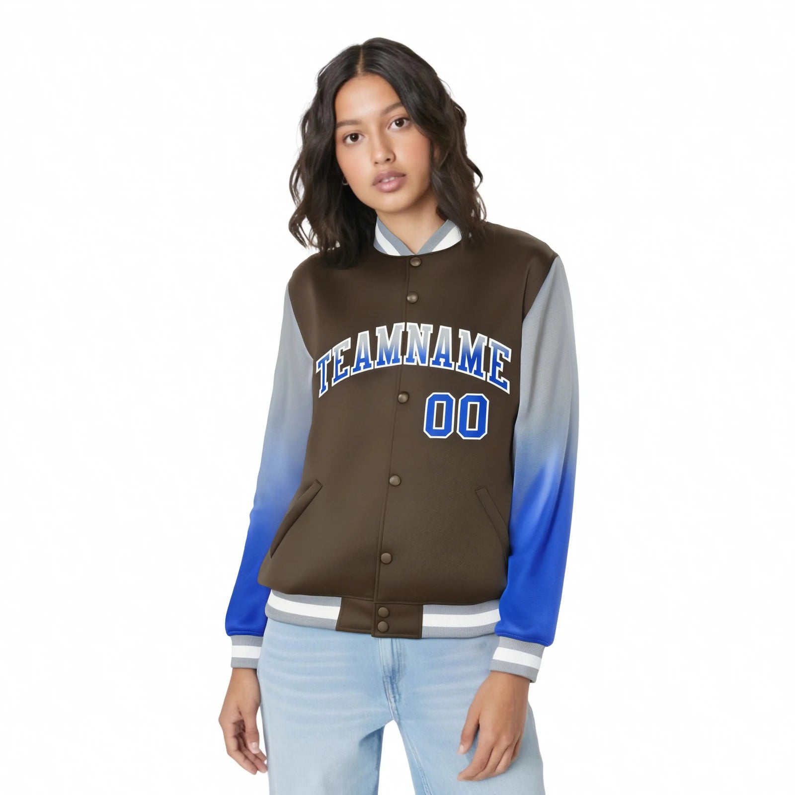 Custom Light Brown Gray-Royal Blue Varsity Full-Snap Sleeve Gradient Fashion Letterman Baseball Jacket