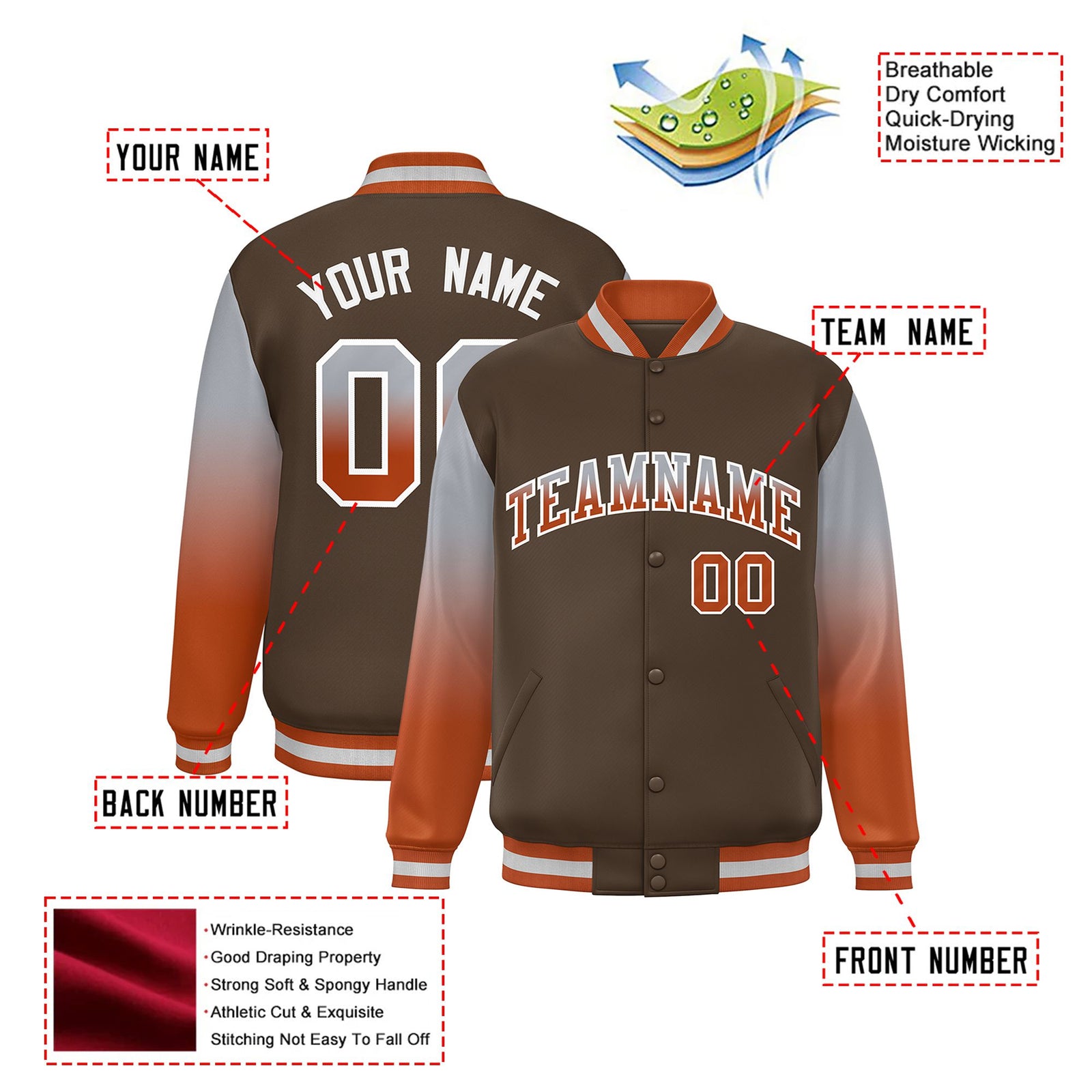 Custom Light Brown Gray-Munsell Varsity Full-Snap Sleeve Gradient Fashion Letterman Baseball Jacket