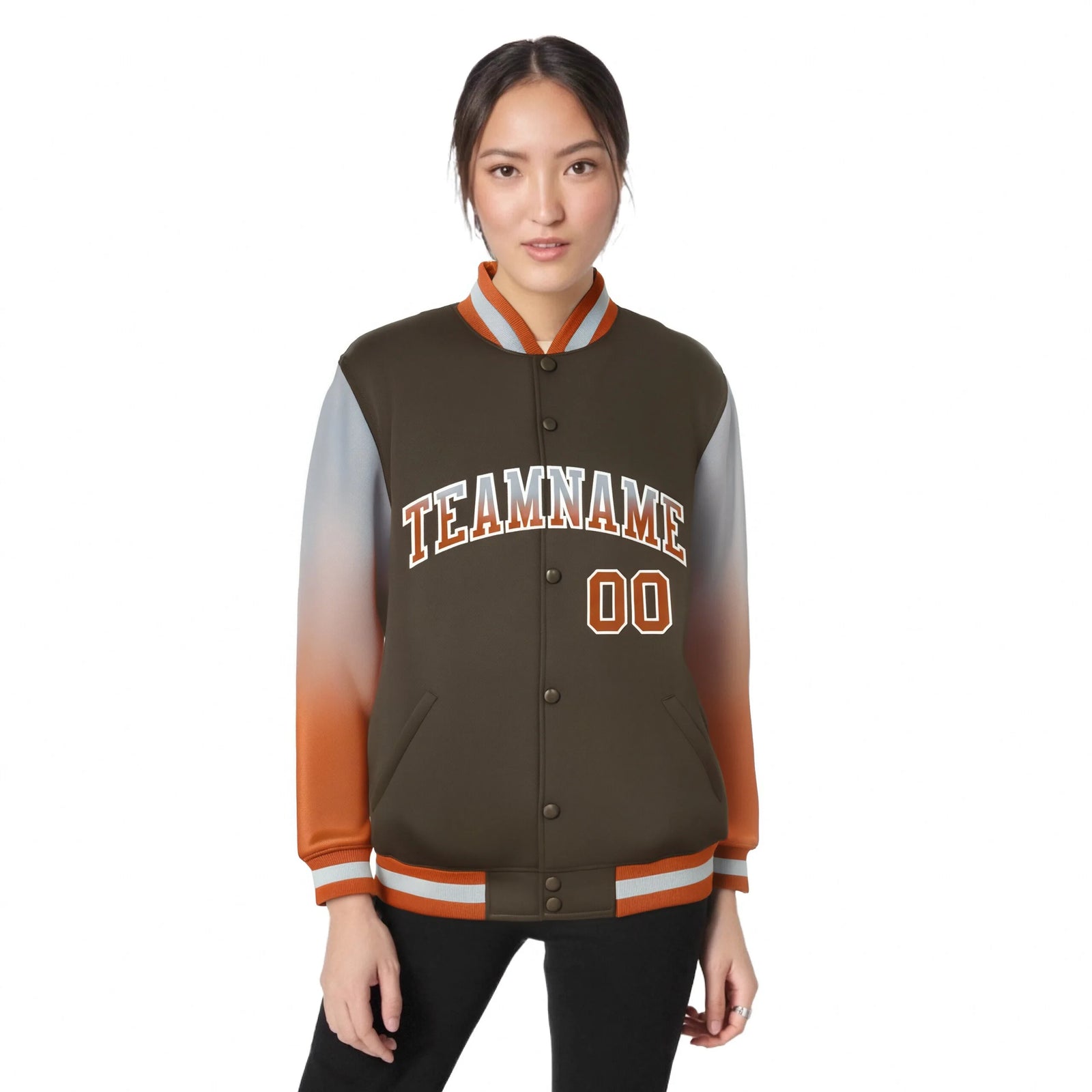 Custom Light Brown Gray-Munsell Varsity Full-Snap Sleeve Gradient Fashion Letterman Baseball Jacket