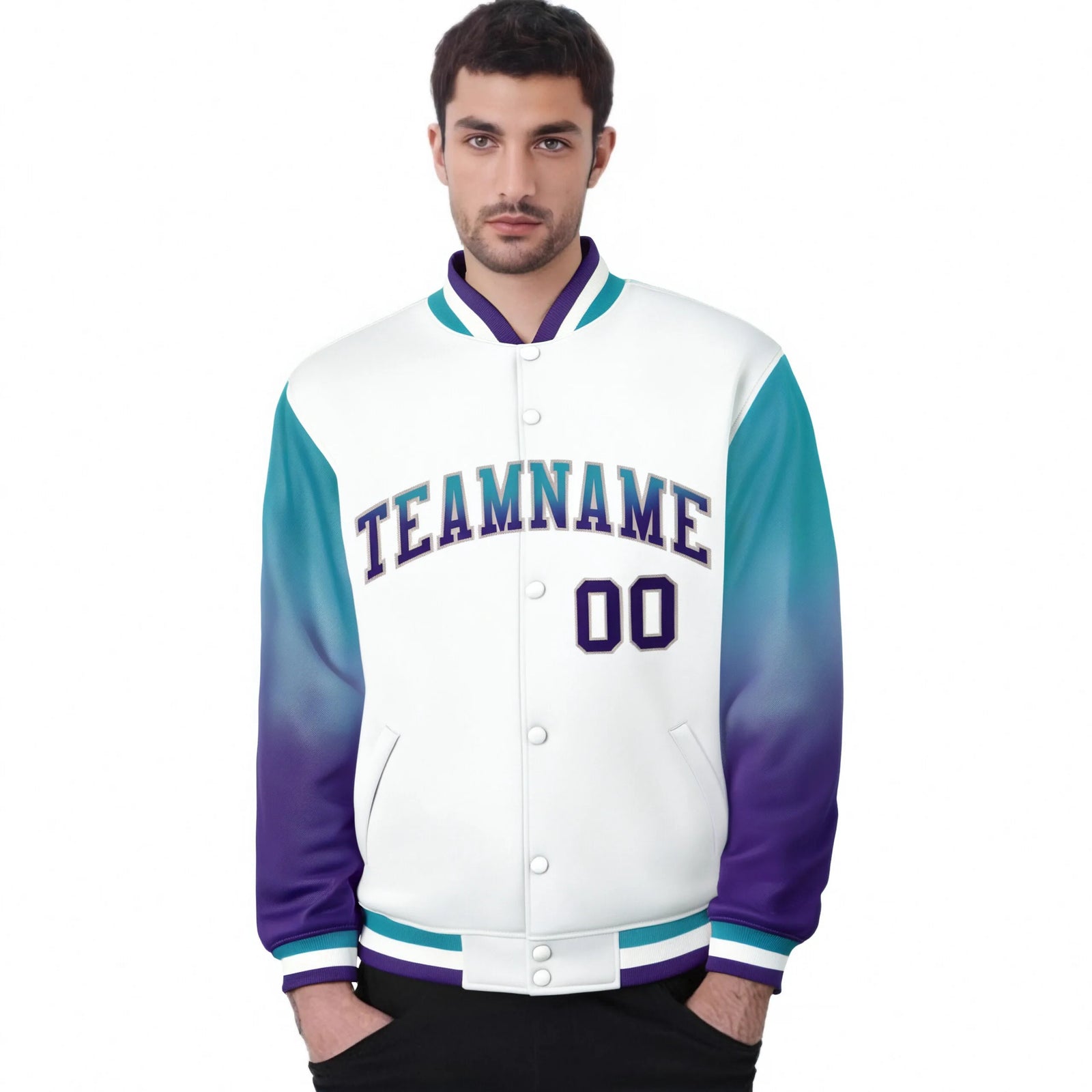 Custom White Aqua-Purple Varsity Full-Snap Sleeve Gradient Fashion Letterman Baseball Jacket