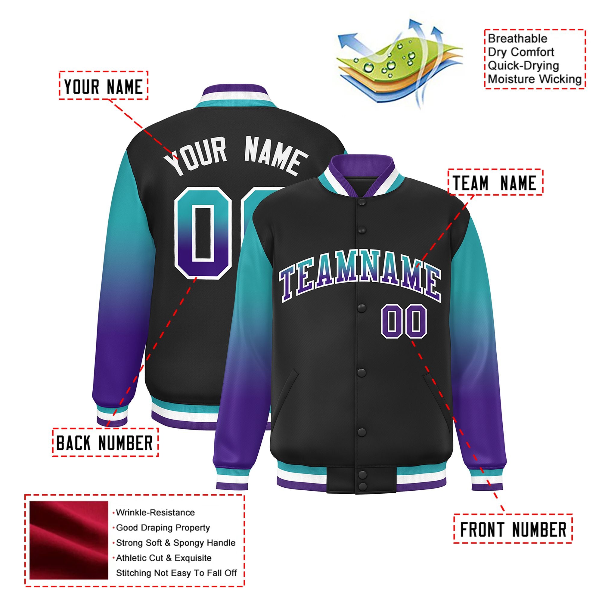 Custom Black Aqua-Purple Varsity Full-Snap Sleeve Gradient Fashion Letterman Baseball Jacket