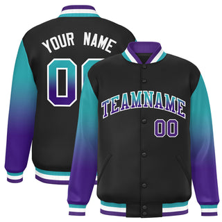 Chaqueta de béisbol universitaria personalizada, color negro aguamarina y morado, con mangas a presión y degradado, estilo Letterman - Estilo 1